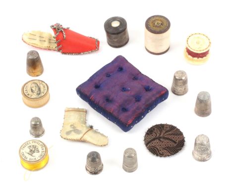 A mixed lot, sewing, comprising a good silk and steel beaded thimble slipper with flannel, pin stuck edges, 7.5cms, three pin