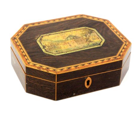 A rosewood print decorated and inlaid Tunbridge ware card and counter box, of elongated octagonal form, the lid with a cut co