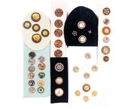 Buttons, a good selection, lithographs and metals, seven displays comprising an oval of two portrait miniatures in paste set 