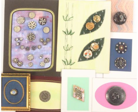 Buttons – various, eleven small cards, comprising a card of four ceramic Satsuma buttons, largest 2.5cms, a large Paisley pat