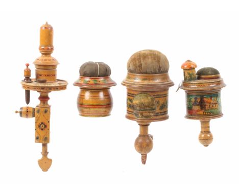Four whitewood paint decorated Tunbridge ware sewing clamps, all with loss or damage, largest 22cms. &nbsp; &nbsp; (4) &nbsp;