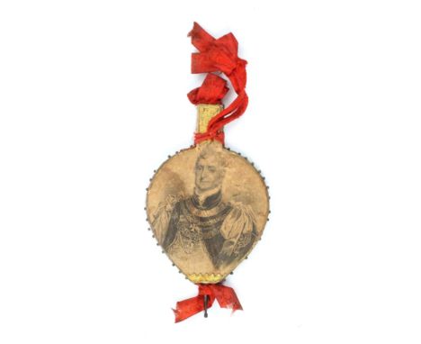 A scarce George IV royal commemorative bellow form pin card, one side with a waist length portrait of George IV, the reverse 