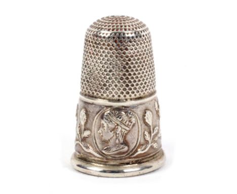 A scarce silver royal commemorative thimble marking Queen Victoria’s Coronation 1838, the frieze with head portrait in oval f