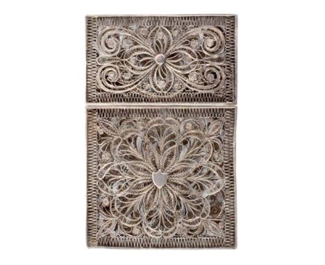 A Georgian silver filigree card case, of rectangular form with pull off top composed of elaborate quill work panels, one cent