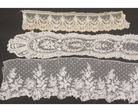 Victorian lace, Belgian: a bobbin appliqué tie or narrow scarf; a good flounce of bobbin appliqué, approx. 370 by 17 cm; a bo