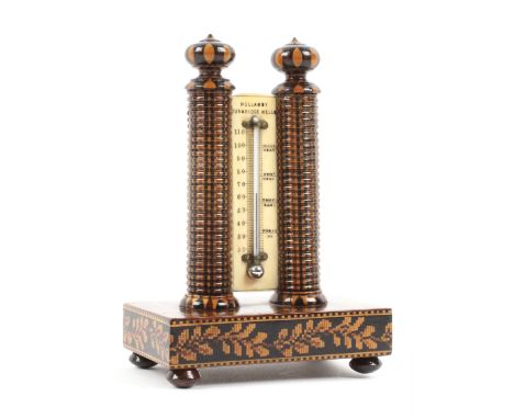 An attractive Tunbridge ware desk thermometer by Hollamby, the rectangular plinth base raised on four bun feet and decorated 