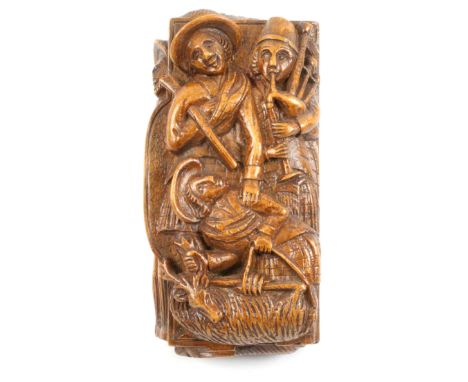A Scottish ‘blind man’ deep carved sycamore snuff box, the lid carved with a Scots man roping a stag below a man holding a gu