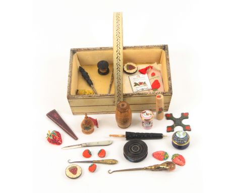 A mixed lot, sewing, comprising a painted wooden sewing pannier with swing handle, 19cms, a furled umbrella needle case, bone