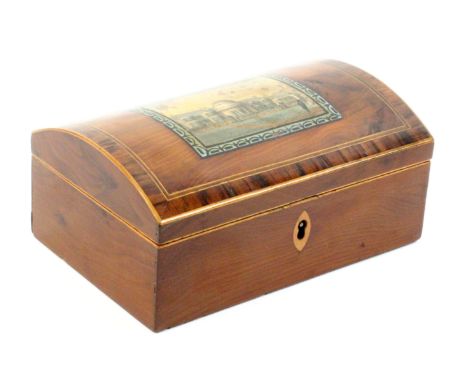 An early print and inlaid Tunbridge ware yew wood box by George Wise, the curved lid with a colour print titled internally ‘A