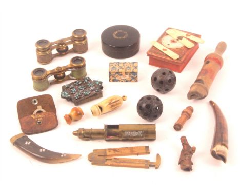 A mixed lot, comprising five various whistles, largest 14.5cms, a painted wooden French late 18th Century quadrille box with 