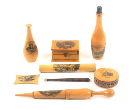 Mauchline ware, sewing, eight pieces, comprising a bottle form thimble / needle case (Alnmouth), 11cms, another of skittle fo