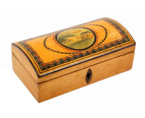 A small whitewood paint and print decorated Tunbridge ware writing box, of rectangular form, the plain sides with inlaid poin