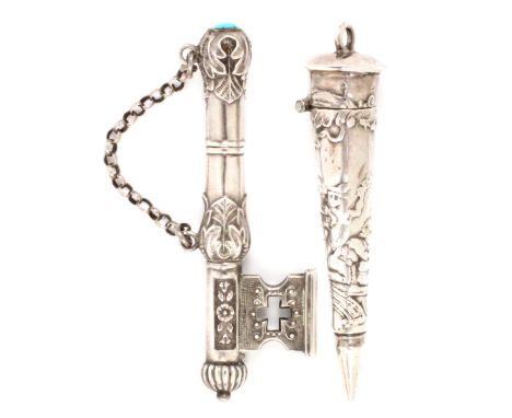 Two Dutch silver needle cases, comprising a hinged cover example of tapering cylinder form decorated with figures and leaves,