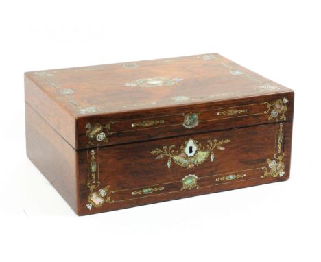A nicely fitted rosewood and inlaid sewing box, circa 1850, of rectangular form, the front and lid inlaid with brass, abalone