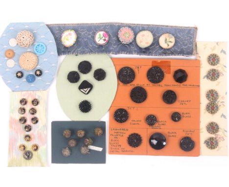Buttons, cloth and various, comprising a bead work button, 3cms, a display of five and two in bead work, six various Honiton,