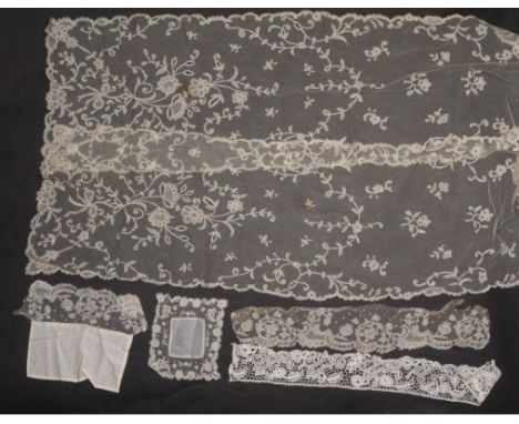Antique needle lace, 19th century: a short length of Youghal, Irish, approx. 59 by 7 cm; a shaped Brussels muslin appliqué co