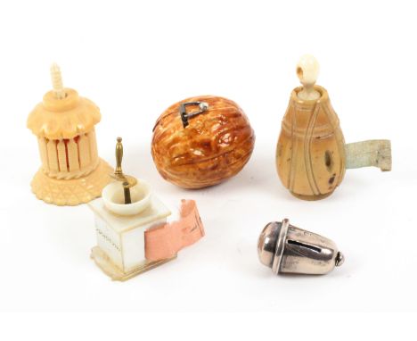 Five tape measures, comprising a mother of pearl coffee grinder example engraved ‘Souvenir’, small chip to bowl, incomplete t