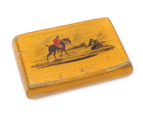 A Scottish sycamore snuff box, with wooden hinge, the lid in penwork and paint with a mounted red coated huntsman, his whip p