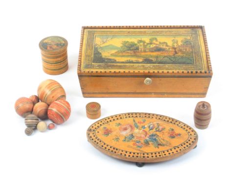 A group of whitewood and painted Tunbridge wares, comprising a sewing pannier, the pin hinge lid detached and painted with ru