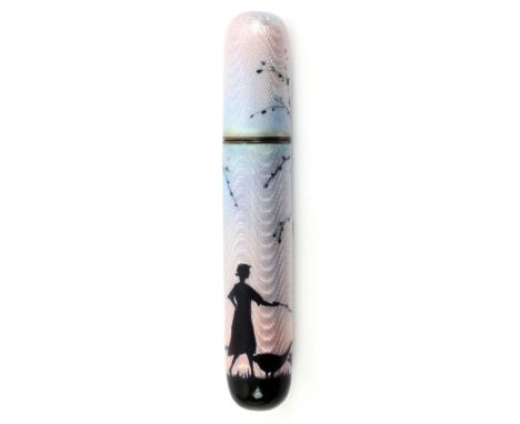 A rare and fine Norwegian silver gilt and enamel cylinder needle case, the basse-taille ground in pale blue and pink decorate