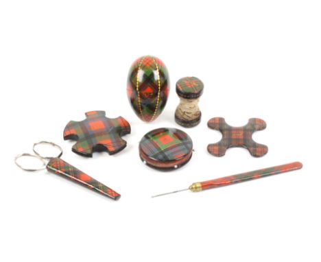 Tartan ware, sewing, seven pieces, comprising a segmented thimble egg (M’Duff), internal needle case and double reel, 5cms, a