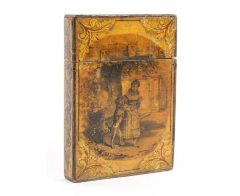 A whitewood pull top rectangular visiting card case, circa 1840, transfer decorated to one side with a young woman escorting 