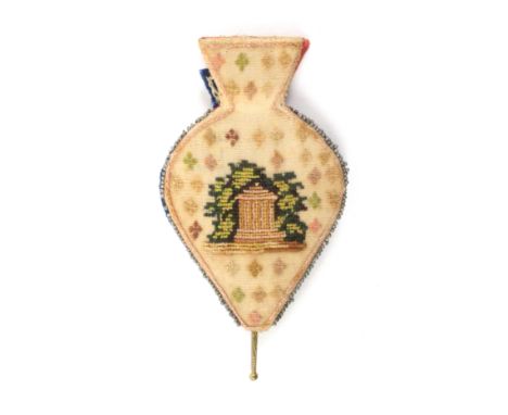 A good sampler style needle book in the form of a set of bellows, one side with a temple folly amid cross motifs, the other a