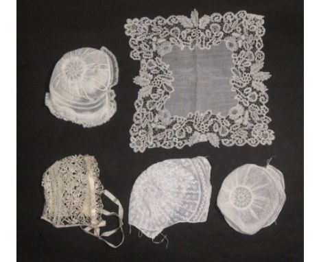 A selection of handmade lace to include several lace-edged handkerchieves, one of Honiton with a deep border; unmounted handk