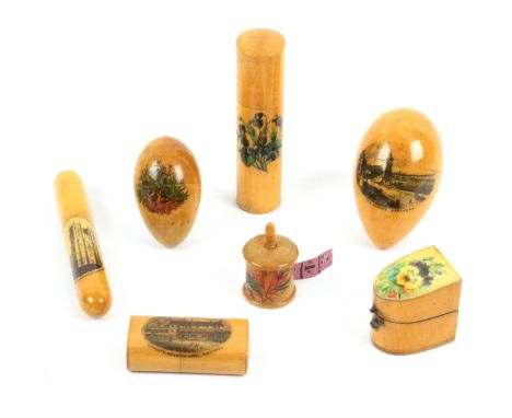 Mauchline ware, sewing, seven pieces, comprising a crochet cylinder (floral) complete with bone handle and six hooks, 9cms, a