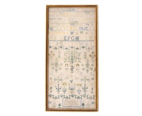 An attractive sampler ‘Francis Dakurow Eided This Sampler 16th May In The Year Of Our Lord 1735’, worked with a verse ‘See Ho