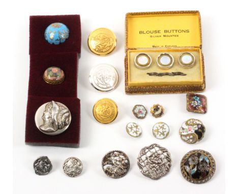 Unmounted buttons, comprising five silver examples, one with the raised head of a woman wearing a hat, Chester 1910 by Arthur