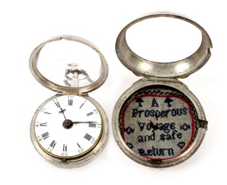 A rare watch case sampler contained in its seemingly original pair cased silver watch, the near circular sampler inscribed ‘A