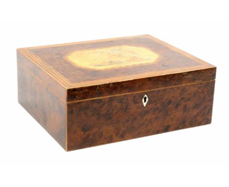 A burr yew wood print decorated and inlaid Tunbridge ware sewing box, of rectangular form, the lid with a cut corner rectangu