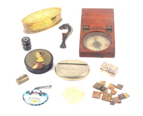 A mixed lot, comprising an 18th Century paper dial compass in square form mahogany box, 7.5cms, a miniature brass casket cont