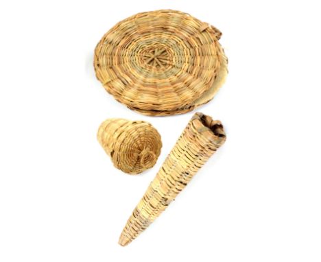 Three seagrass 19th Century sewing accessories, comprising a circular needle book, 6cms, a lidded thimble bucket and a scisso