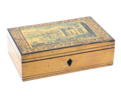 A whitewood print and paint decorated Tunbridge ware sewing box, of rectangular form, the plain sides with line painted decor