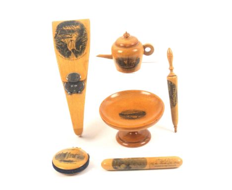 Mauchline ware, sewing, six pieces, comprising a scissor case of triangular form with elaborate steel catch (Rumbling Bridge 