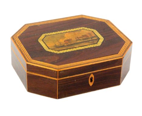 A rosewood print decorated and inlaid Tunbridge ware card and counter box, of elongated octagonal form, the lid with a cut co