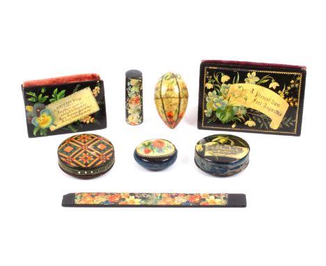 Mauchline ware, sewing, eight pieces, comprising a needle book (black ground / floral / Birthday Wish), 7.6cms, another (blac