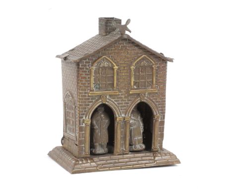 A rare brass Avery needle case ‘Hygrometer / Weather House’, complete with both figures and running fox weather vane, stamped