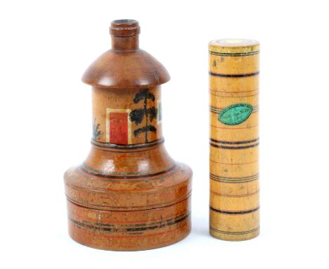 Two whitewood painted Tunbridge ware penners, comprising a circular box base example in four parts, the upper section in the 