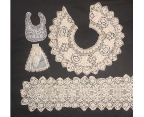 19th century silk Maltese lace: comprising an exceptionally long scarf or stole (243 by 24cm); a handkerchief surround; a nar