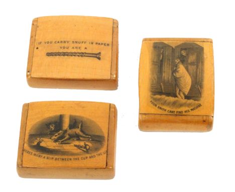Three Scottish sycamore miniature snuff boxes, all with wooden hinges and transfer decorated comprising ‘Poor Smith Cant Find