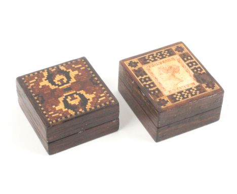 Two rosewood Tunbridge ware stamp boxes, one with facsimile stamp of the young Queen Victoria within a border of geometric mo