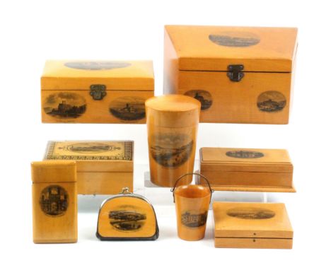 Mauchline ware, nine pieces, comprising a rhomboid form box (Mostyne Terrace, Eastbourne / Queens Hotel / The Wish Tower), 18