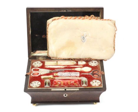 A good Palais Royal musical sewing box, circa 1835 with a full complement of fittings. The burr wood box of sarcophagol form 
