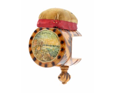 A burnt whitewood print decorated Tunbridge ware sewing clamp, of cylinder form, the circular end with a colour print titled 