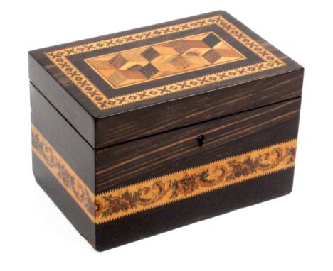 A Tunbridge ware coromandel wood tea caddy by Thomas Barton, of rectangular form, the sides with a band of floral and leaf sc