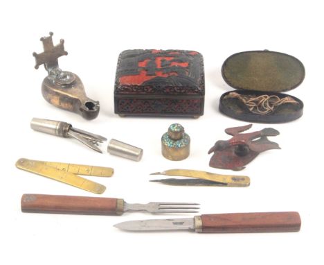 A mixed lot, comprising a Cinnabar lacquer brass frame box, 10.5cms, a late 18th Century coin balance in oval metal tin, the 