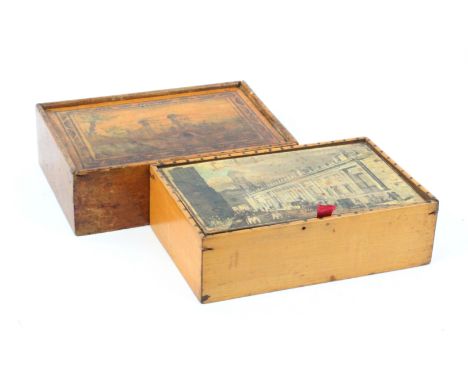 Two whitewood print and paint decorated Tunbridge ware boxes, both rectangular comprising an example with pin hinge lid, with